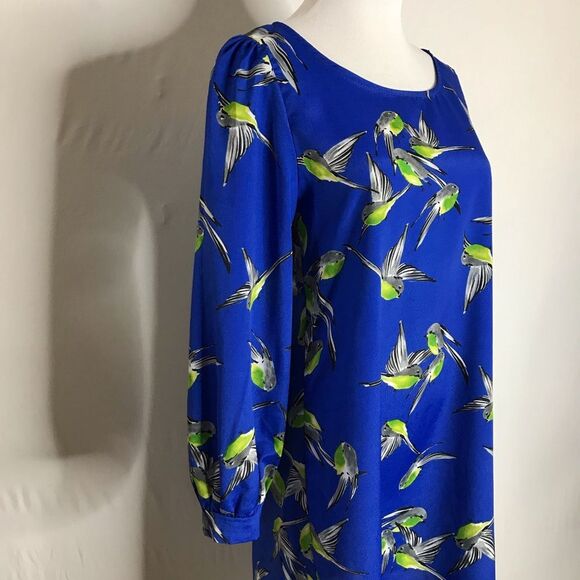 The Vintage Shop Blue Green Bird Print Dress Medium Long Sleeve - Picture 3 of 6